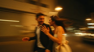 a man and woman walking down a street