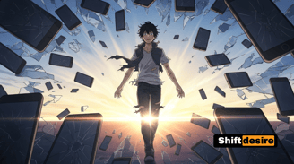 Young anime style breaking a cell made of mobile screens