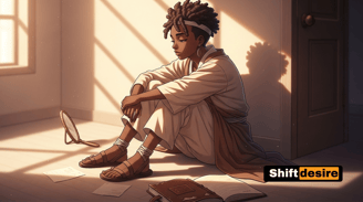 Anime-style character sitting on the floor with journal and mirror