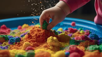 a child's hand is sprinkled with a toy in a blue bowl