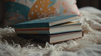 a stack of books sitting on a bed