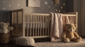 a teddy bear sitting in a crib with a blanket