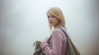 a woman with a backpack in the foggy day