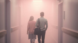 a man and woman walking down a hallway