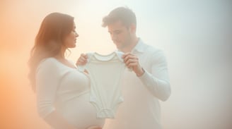 a pregnant woman and husband holding a baby onesie