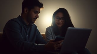 a man and woman sitting on a couch looking at a cell phone