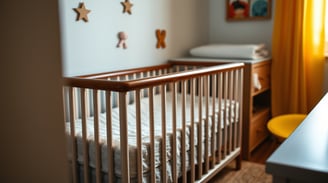 a baby's room with a crib bed