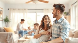 a man and woman sitting on a couch in a living room