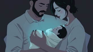 a man and woman holding a baby in a dark room
