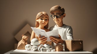 a couple sitting at a table with a paper