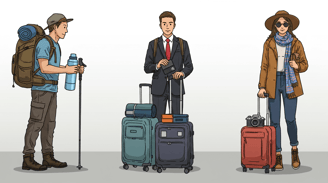 image of three different travelers with different travel accessories