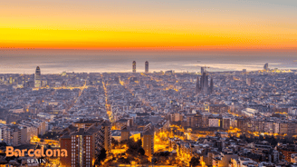 a cityscape of a city at sunset