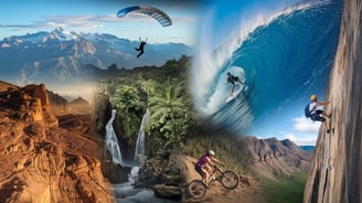 A collage of adventure travel scenes showcasing extreme sports and outdoor activities