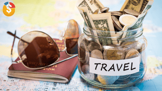 a jar of money with a passport and sunglasses