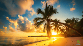 a palm tree on the beach at sunset
