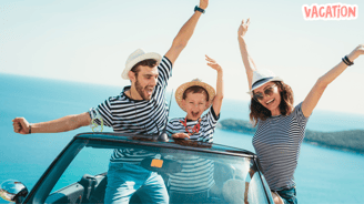 a family of three people standing in front of a car
