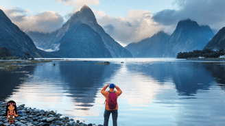 a person taking a picture of a lake in New Zealand