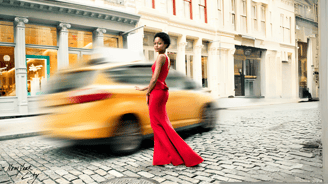 a woman in a red dress standing in front of a taxi