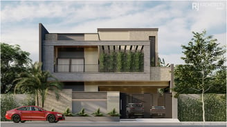 Modern two-story house with stone and concrete facade, greenery, and a gated entrance labeled 'GILAN