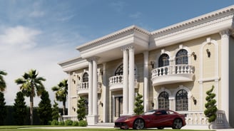 Neoclassical luxury villa 3D rendering with grand columns, arched windows, and a red sports car