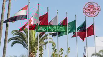 Flags of GCC countries with a “Certified” stamp and Saudi Food Registration logo, Gulf certificates under SFDA review.