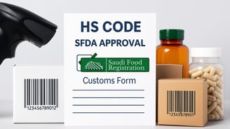 SFDA customs form with HS Code approval beside supplement bottles, boxes, and barcode scanner on a clean background.