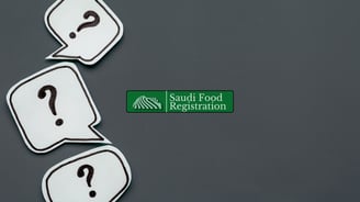 Saudi Food Registration logo with question icons representing SFDA registration FAQs in Saudi Arabia.