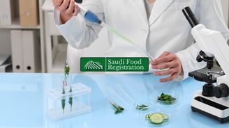 Saudi Food Registration logo overlay with inspector hands checking food product labels