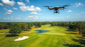 a drone flying over a golf course