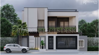 Modern two-story house with a minimalist white and black facade, glass balcony railing, and gated en