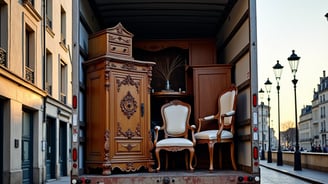 un camion porte arrière ouvertes et charger de meuble et antiquites