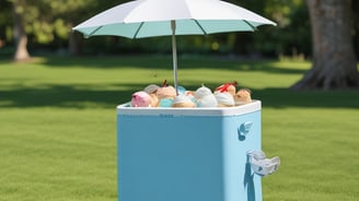 A decorative white ice cream cart adorned with a vibrant bouquet of flowers and a large pink ribbon. The cart is positioned on a colorful, circular-patterned floor with bamboo plants and a tall building in the background. Nearby, there is a whiteboard with information and a tent-style cover.