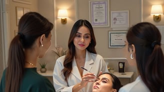 a woman in a white lab coat is looking at a woman in a white coat