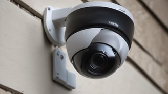 A modern desk setup featuring a camera lens, a tablet displaying an interface with app icons, a pair of earbuds in an open charging case, and a book titled 'Wireless and Mobile Device Security' on a shelf below.