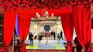 wedding reception setup in red theme