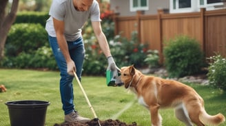 A black and white sign with text warning about pet waste transmitting disease. It instructs pet owners to leash and clean up after their pets. The sign features an illustration of a person walking a dog. It is mounted on a post surrounded by trees.