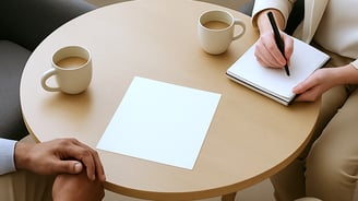 a man and woman sitting at a table with coffee cups