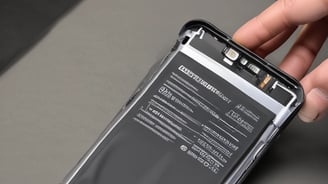 Two hands are exchanging a smartphone over a glass counter. The screen of the phone is cracked, indicating possible damage or need for repair. One person is wearing a brown shirt, and the counter displays other phones and electronic devices.