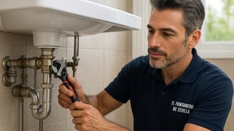Fontanero arreglando una fuga de agua de un baño