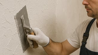 Profissional aplicando massa corrida em parede com desempenadeira durante reforma residencial.