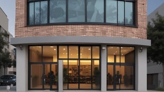 A traditional red brick building with a gabled roof and white-framed windows. The front entrance features an arched doorway and is flanked by well-maintained shrubs. A sign in the foreground reads 'Morris & Dean, Trial Lawyers & Counselors,' displaying the phone number and a digital clock showing 6:31.