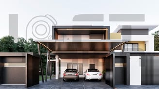 a modern house with a garage and a car parked in front of it