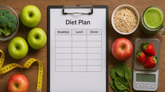 Ernährungsberatung: frisches Obst, Gemüse, Haferflocken und Diätplan auf rustikalem Holztisch.