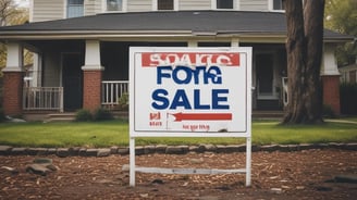 A suburban house with a brick facade and double garage doors. The roof is dark, and there are several bare trees and green bushes surrounding the property. A for sale sign is visible on the front lawn.