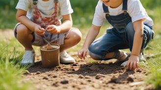 A toddler in a floral-patterned top is being supported by adults holding her hands as she takes steps. One adult is crouched beside her, wearing a striped shirt. The scene conveys a familial and nurturing atmosphere.