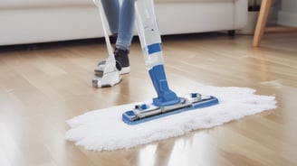 A person wearing protective clothing, a face mask, and gloves is cleaning a white cushioned furniture piece using a vacuum cleaner. The setting appears to be indoors with bright natural light streaming in through large windows. A green potted plant is placed next to a white sofa, adding a touch of nature to the clean and tidy environment.