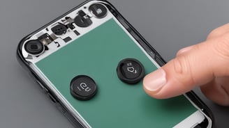 Two hands are exchanging a smartphone over a glass counter. The screen of the phone is cracked, indicating possible damage or need for repair. One person is wearing a brown shirt, and the counter displays other phones and electronic devices.