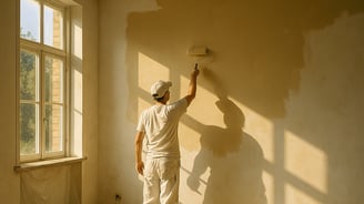 Pintor aplicando tinta amarela em parede interna iluminada pela luz natural, com baldes e rolo