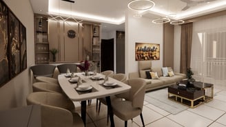Dinning area furnished with a tastefull dinning table and 6 plush chairs