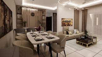 Dinning area furnished with a tastefull dinning table and 6 plush chairs